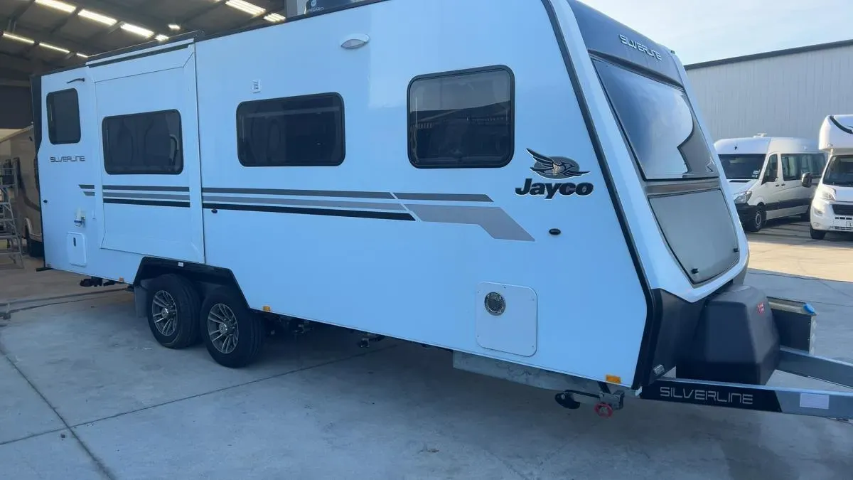 A Jayco Silverline caravan in the workshop yard